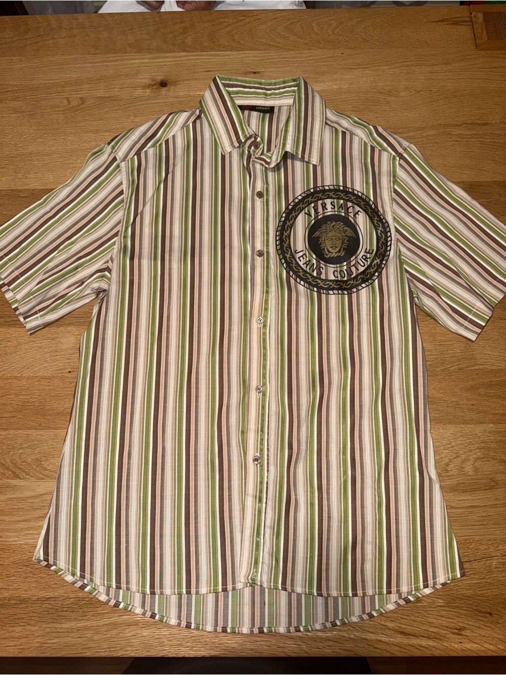 Versace Striped Short-Sleeve Button-Up in Green, Beige & Brown